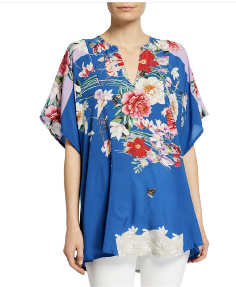 Johnny Was Samira Challis Poncho Floral Scarf Print V-Neck Tunic Top Blouse XS